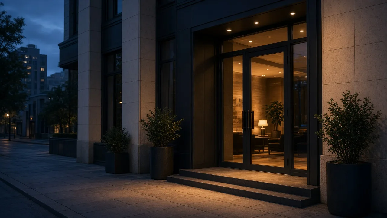 A quiet city entrance at dusk