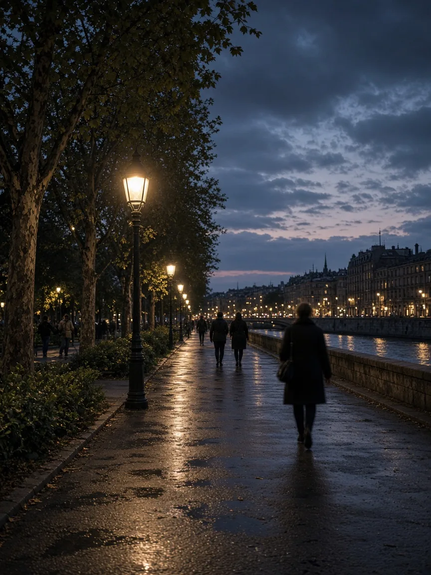 A calm public plaza at dusk
